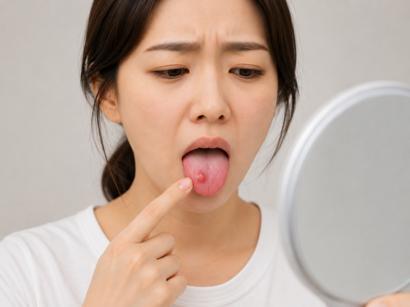 혀에 난 염증을 거울로 확인하는 여성