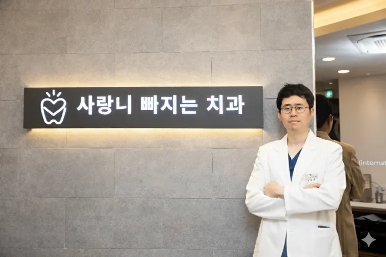치과 의사가 치과 간판 앞에서 팔짱을 끼고 서 있다.