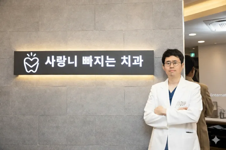 치과 로고 앞에서 팔짱을 낀 의사